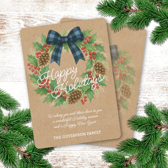 Rustic Holly Wreath Blue Black Checkered Bow Holiday Card (Creator Uploaded)