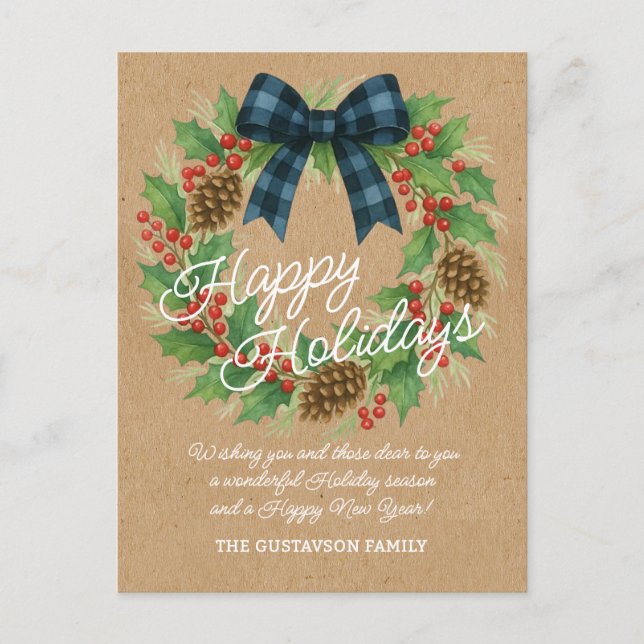 Rustic Holly Wreath Blue Black Checkered Bow Holiday Postcard (Front)