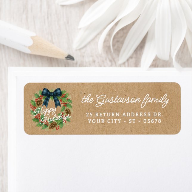 Rustic Holly Wreath Blue Black Checkered Bow Label (Insitu)