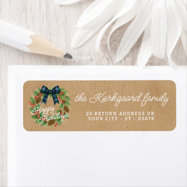 Rustic Holly Wreath Blue Black Checkered Bow Label (Insitu)