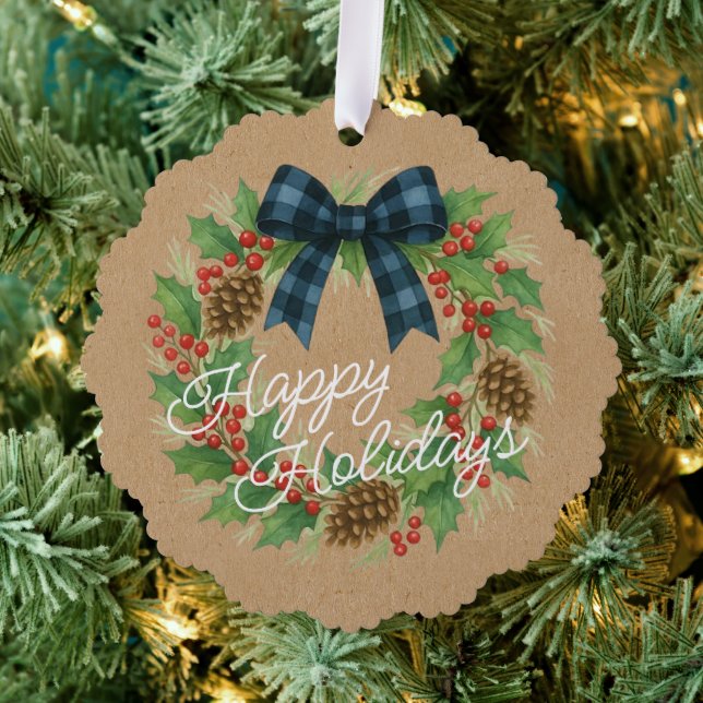 Rustic Holly Wreath Blue Black Checkered Bow Ornament Card (Insitu (Tree))