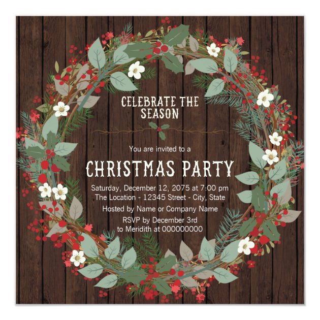 Rustic Holly Wreath Christmas Party Invitation