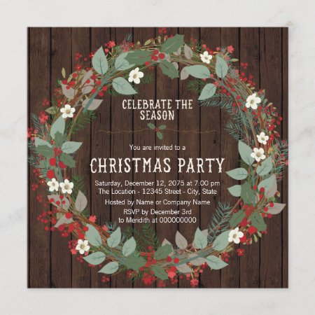 Rustic Holly Wreath Christmas Party Invitation