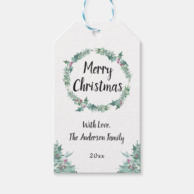 Rustic Holly Wreath Merry Christmas Photo Gift Tags