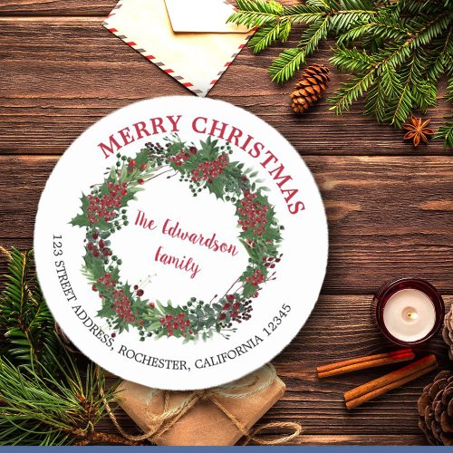 Rustic holly wreath Merry Christmas return address Classic Round Sticker