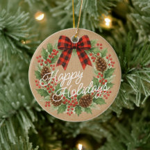 Rustic Holly Wreath Red Black Checkered Bow