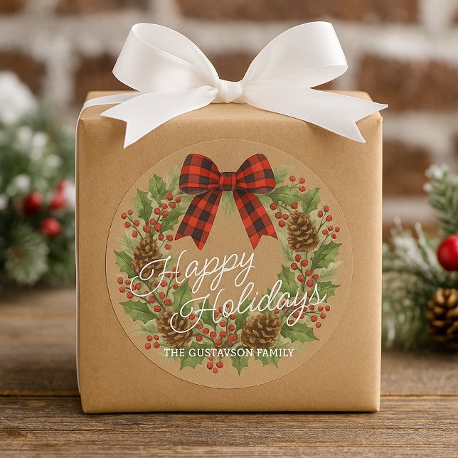 Rustic Holly Wreath Red Black Checkered Bow Classic Round Sticker (Creator Uploaded)