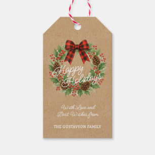 Rustic Holly Wreath Red Black Checkered Bow Gift Tags