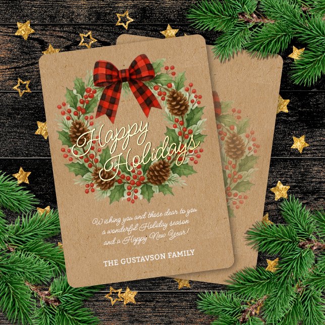 Rustic Holly Wreath Red Black Checkered Bow Gold Foil Holiday Card (Creator Uploaded)