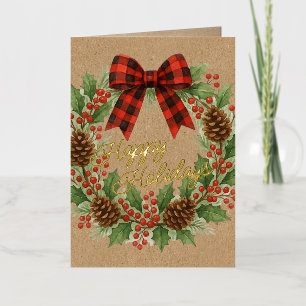 Rustic Holly Wreath Red Black Checkered Bow Gold Foil Holiday Card