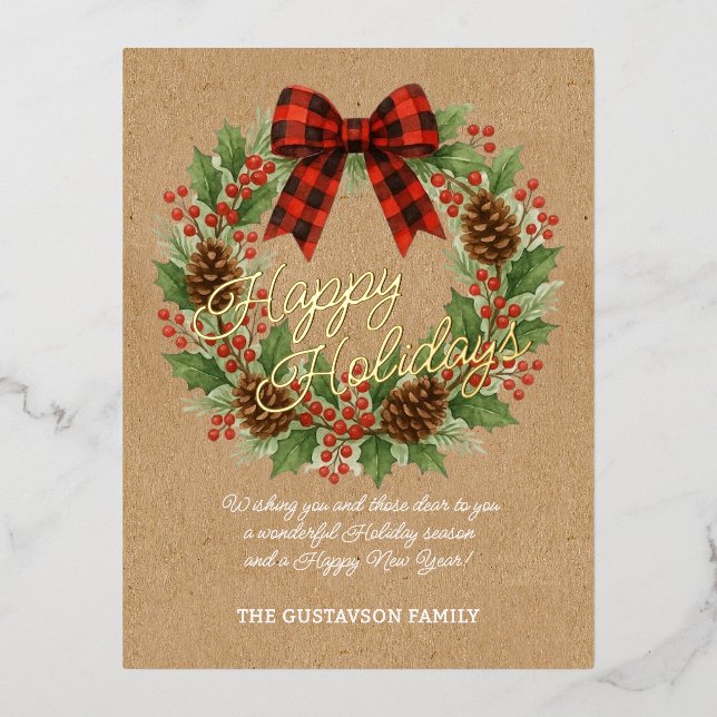 Rustic Holly Wreath Red Black Checkered Bow Gold Foil Holiday Postcard (Front)