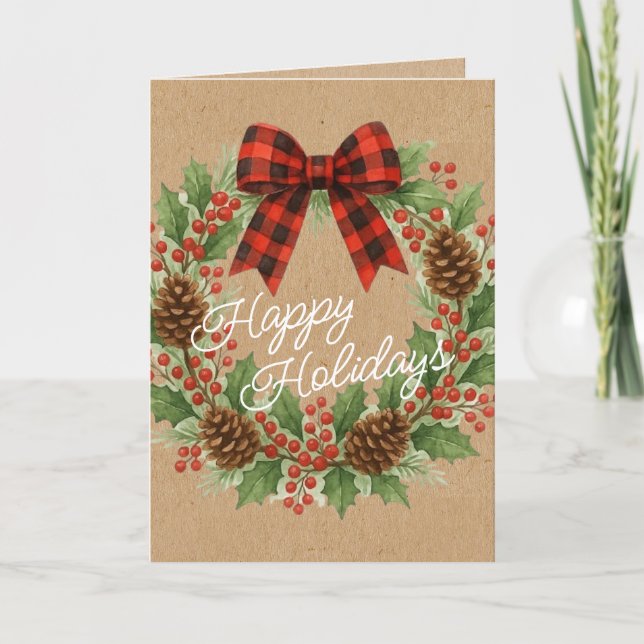 Rustic Holly Wreath Red Black Checkered Bow Holiday Card (Front)