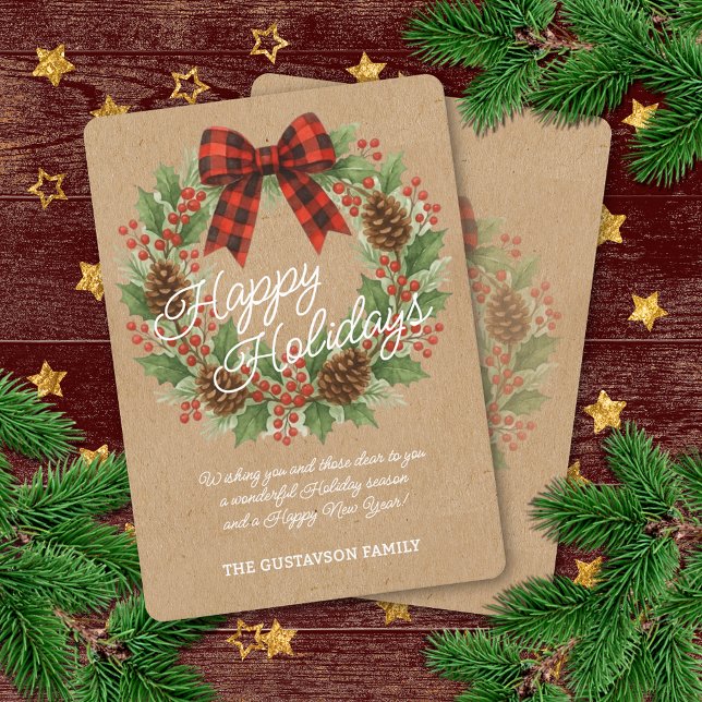 Rustic Holly Wreath Red Black Checkered Bow Holiday Card (Creator Uploaded)