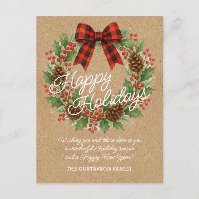 Rustic Holly Wreath Red Black Checkered Bow Holiday Postcard (Front)