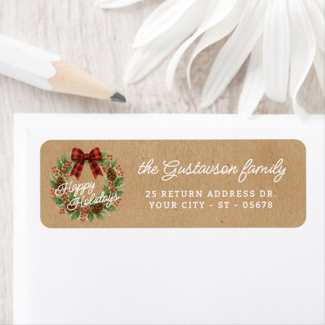 Rustic Holly Wreath Red Black Checkered Bow Label (Insitu)