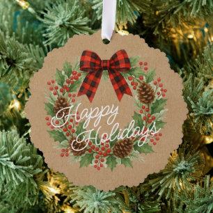 Rustic Holly Wreath Red Black Checkered Bow Ornament Card