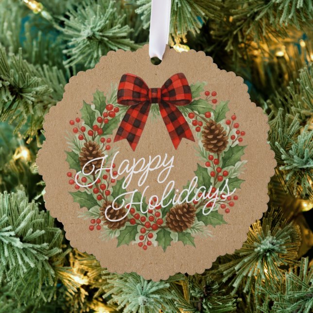 Rustic Holly Wreath Red Black Checkered Bow Ornament Card (Insitu (Tree))