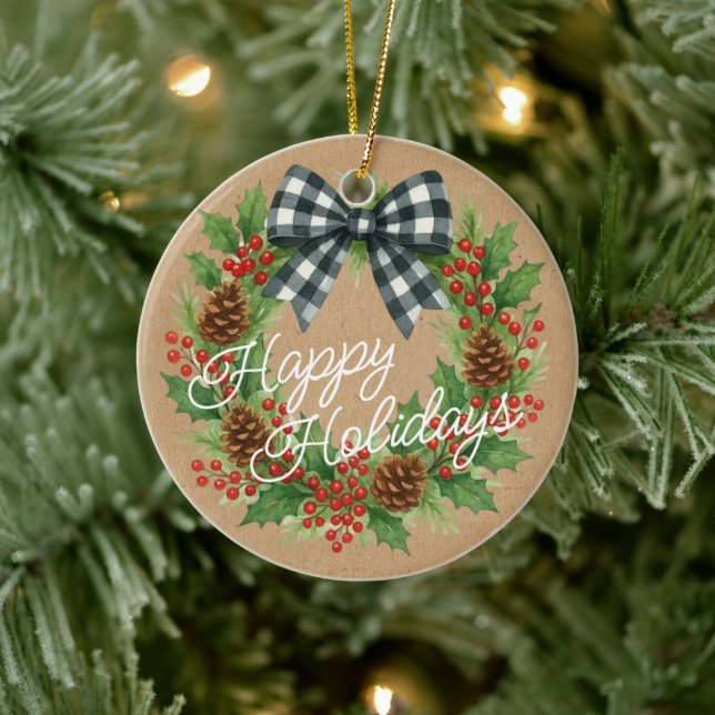 Rustic Holly Wreath White Black Checkered Bow Ceramic Ornament (Tree)