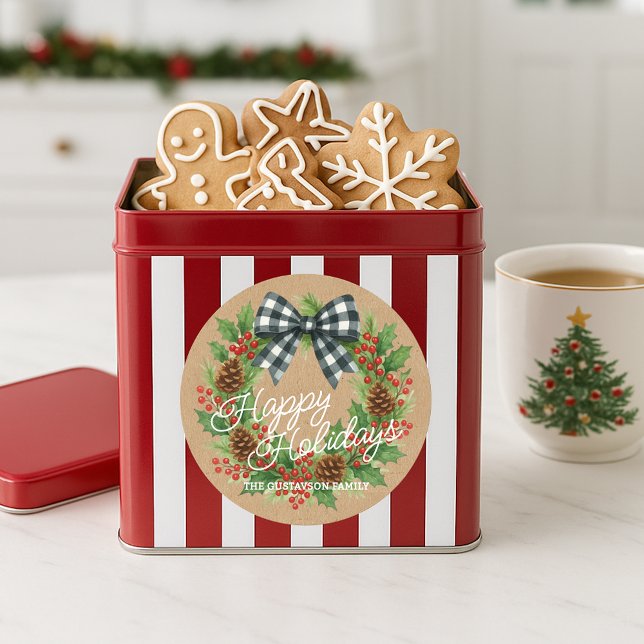 Rustic Holly Wreath White Black Checkered Bow Classic Round Sticker (Creator Uploaded)