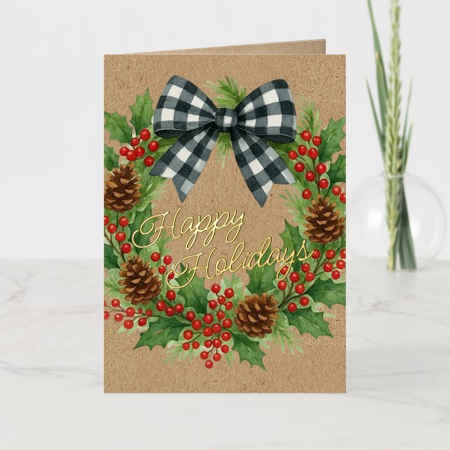 Rustic Holly Wreath White Black Checkered Bow Gold Foil Holiday Card (Front)