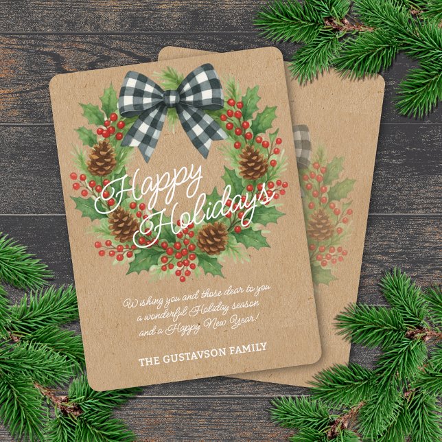 Rustic Holly Wreath White Black Checkered Bow Holiday Card (Creator Uploaded)