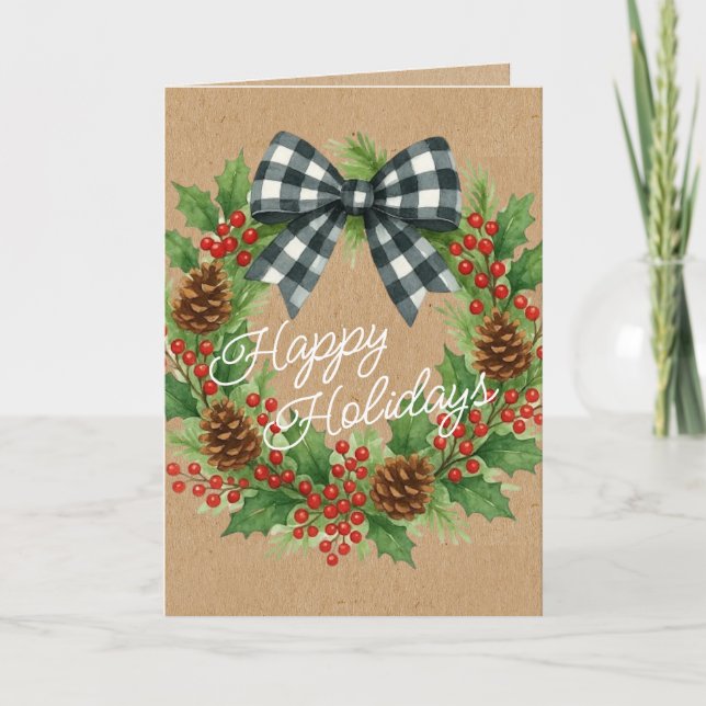 Rustic Holly Wreath White Black Checkered Bow Holiday Card (Front)