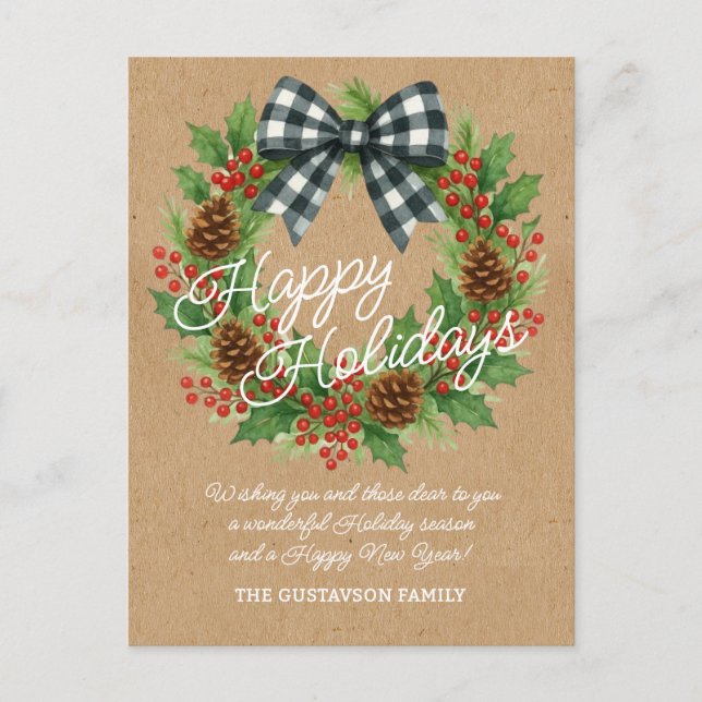 Rustic Holly Wreath White Black Checkered Bow Holiday Postcard (Front)