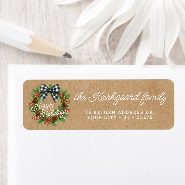 Rustic Holly Wreath White Black Checkered Bow Label (Insitu)