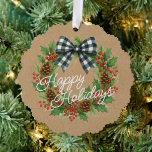 Rustic Holly Wreath White Black Checkered Bow Ornament Card