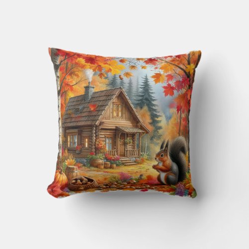 Rustic Home in Autumn with Pumpkins and Leaves Throw Pillow