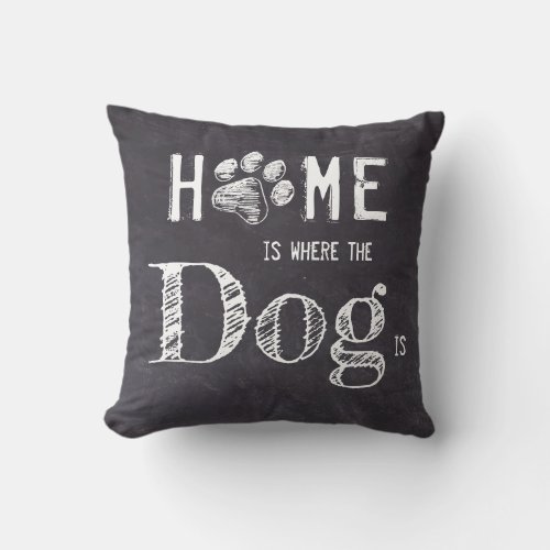 Rustic Home Is Where The Dog Is Throw Pillow - Home Is Where The Dog Is! Add stylish touch to your home decor or surprise your favorite dog lover with this dog lover pillow in a rustic chalkboard slate and white design with paw print. A must have for all dog lovers, dog moms and dog dads!  COPYRIGHT © 2020 Judy Burrows, Black Dog Art - All Rights Reserved. Rustic Home Is Where The Dog Is Throw Pillow