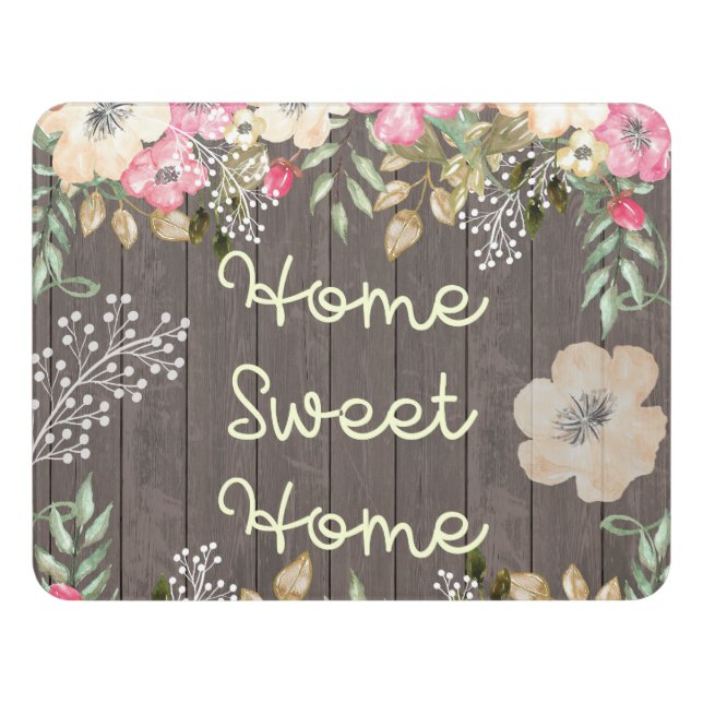 Rustic Home Sweet Home Floral Wood Door Sign (Contemporary Front)
