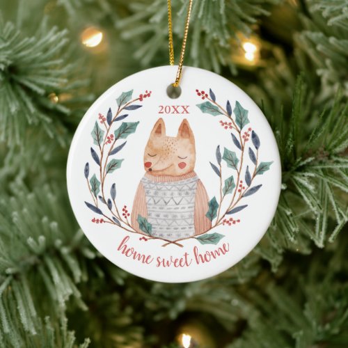Rustic Home Sweet Home Personalized Woodland Fox Ceramic Ornament