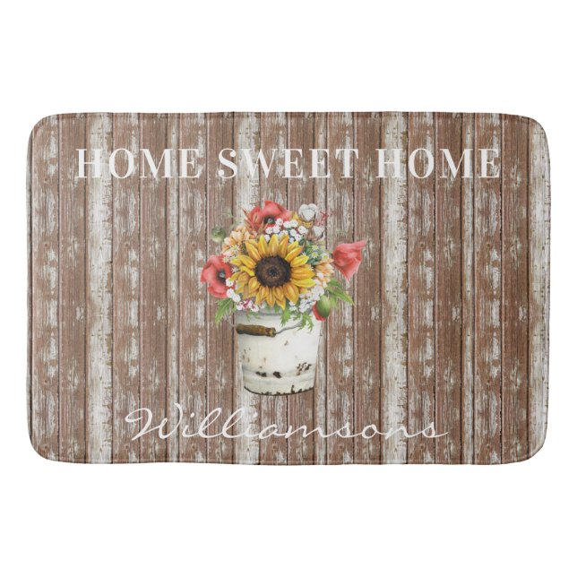 Rustic Home Sweet Home Wood Family Name  Bath Mat (Front)