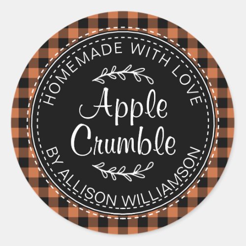 Rustic Homemade Apple Crumble Burnt Orange Check Classic Round Sticker
