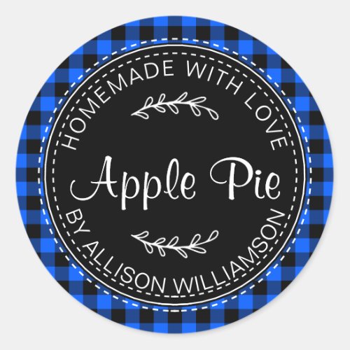 Rustic Homemade Apple Pie Blue Black Plaid Classic Round Sticker