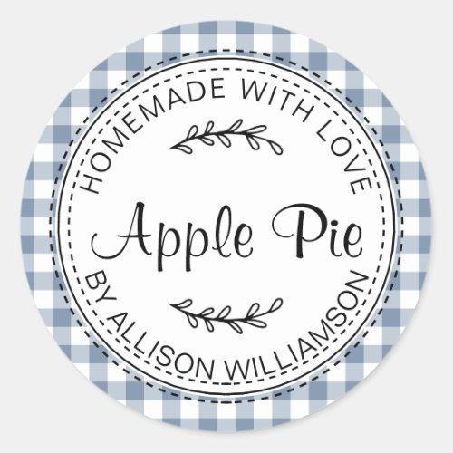 Rustic Homemade Apple Pie Blue Check Pattern Classic Round Sticker