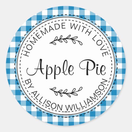 Rustic Homemade Apple Pie Blue Check Pattern Classic Round Sticker