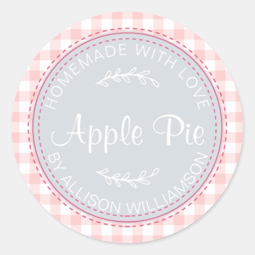 Rustic Homemade Apple Pie Blue Pink Check Pattern Classic Round Sticker