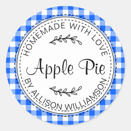 Rustic Homemade Apple Pie Bright Blue Check Classic Round Sticker
