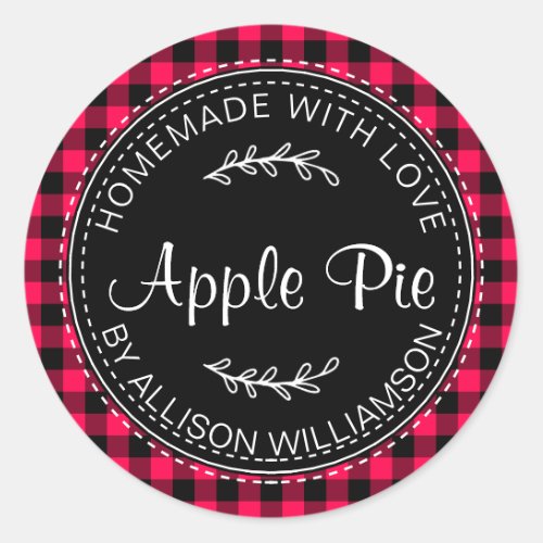 Rustic Homemade Apple Pie Bright Pink Black Plaid Classic Round Sticker