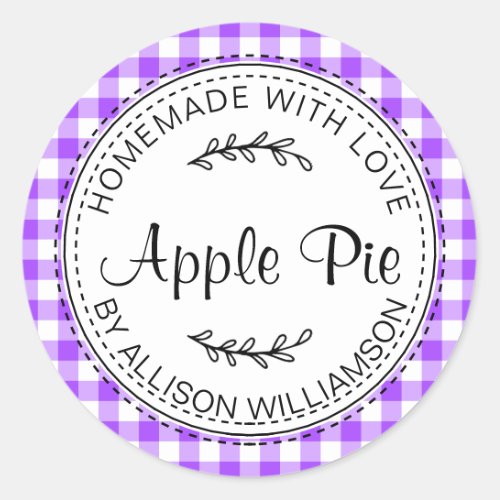 Rustic Homemade Apple Pie Bright Purple Check Classic Round Sticker