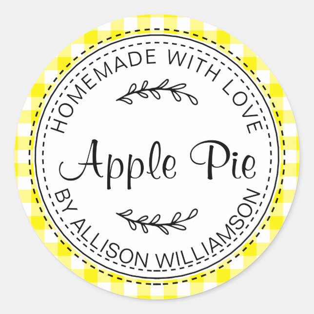Rustic Homemade Apple Pie Bright Yellow Check Classic Round Sticker (Front)