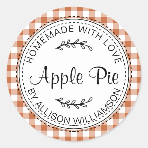 Rustic Homemade Apple Pie Burnt Orange Check Classic Round Sticker