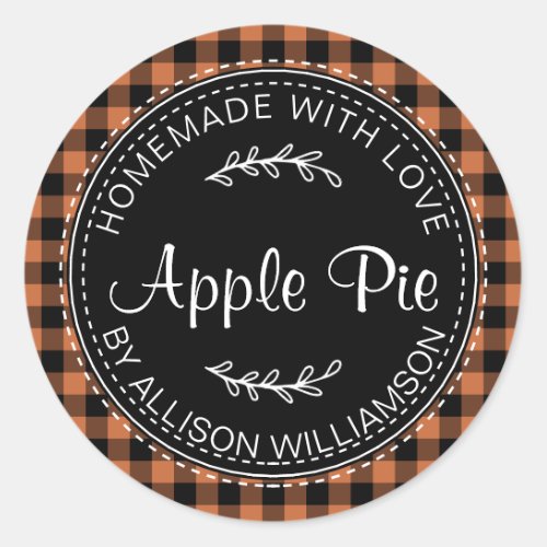 Rustic Homemade Apple Pie Burnt Orange Check Classic Round Sticker