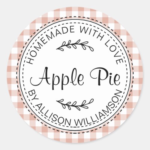 Rustic Homemade Apple Pie Dusty Pink Check Classic Round Sticker