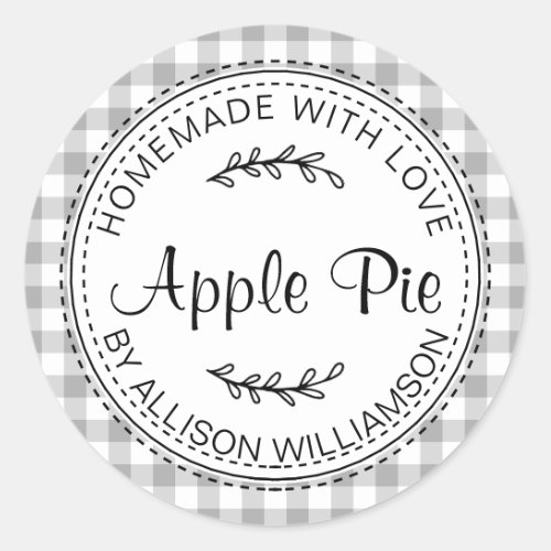 Rustic Homemade Apple Pie Gray Check Classic Round Sticker