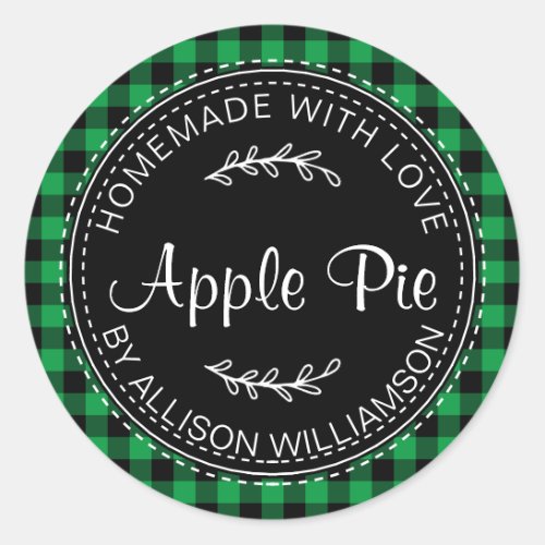 Rustic Homemade Apple Pie Green Black Plaid Classic Round Sticker