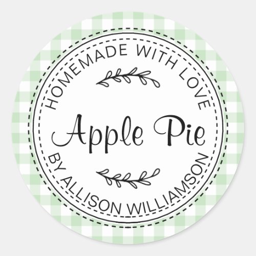 Rustic Homemade Apple Pie Green Check Classic Round Sticker