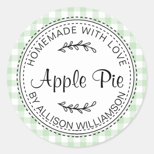 Rustic Homemade Apple Pie Green Check Classic Round Sticker